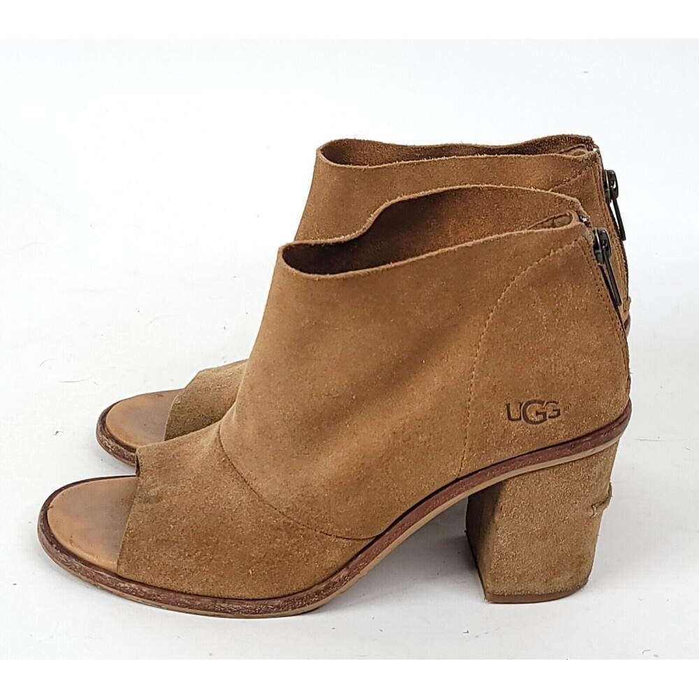 UGG Bootie Womens 7 Suede Ginger Chestnut Peep Toe Ankle Block Heel Boots
